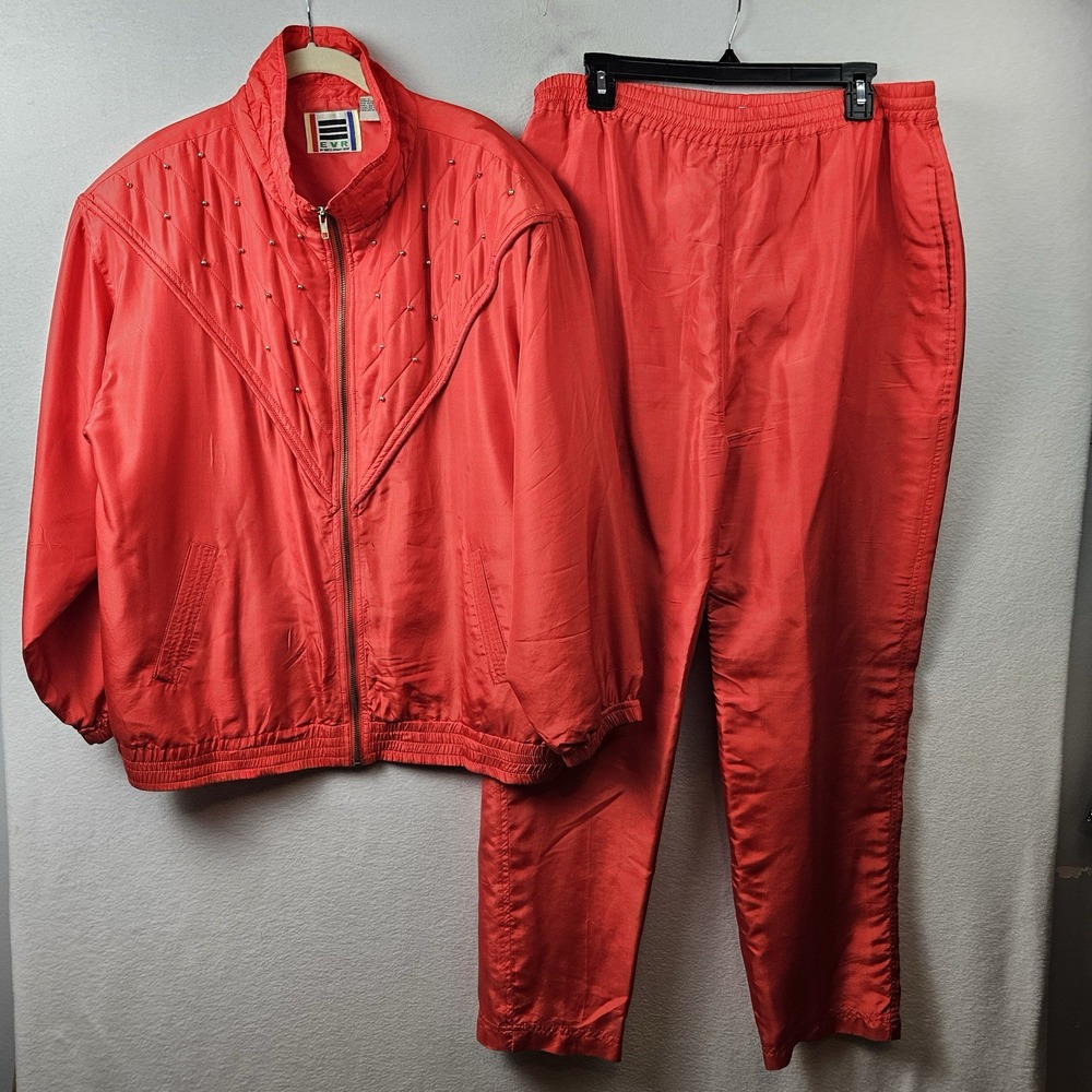 EVR Tracksuit Woman's Size Large Red Jacket Pants Silk Vintage Defect In Photo